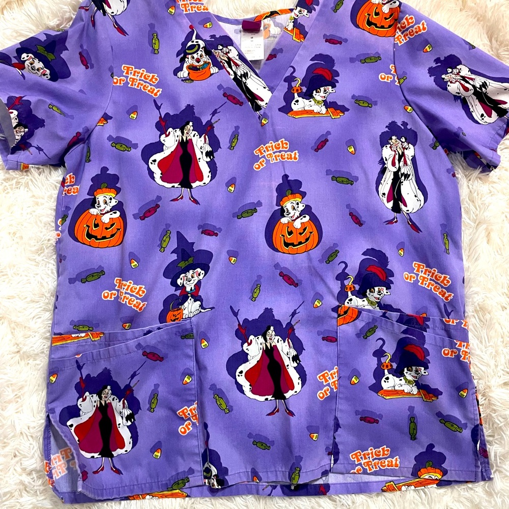 Disney Cruella/101 Dalmatians, Halloween edition nursing scrub top!